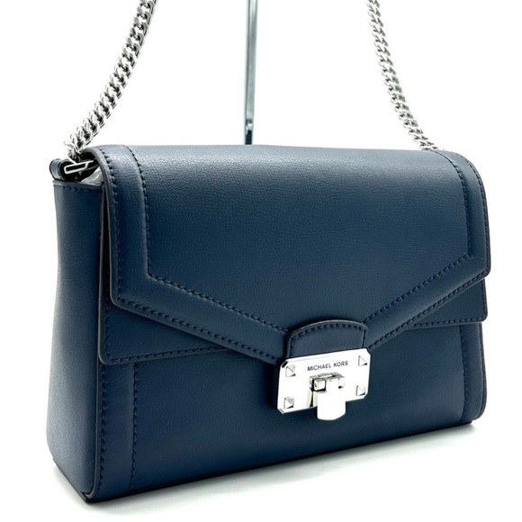Michael Kors Kinsley leather Medium shoulder Flap Crossbody Bag Navy Blue - Picture 3 of 10